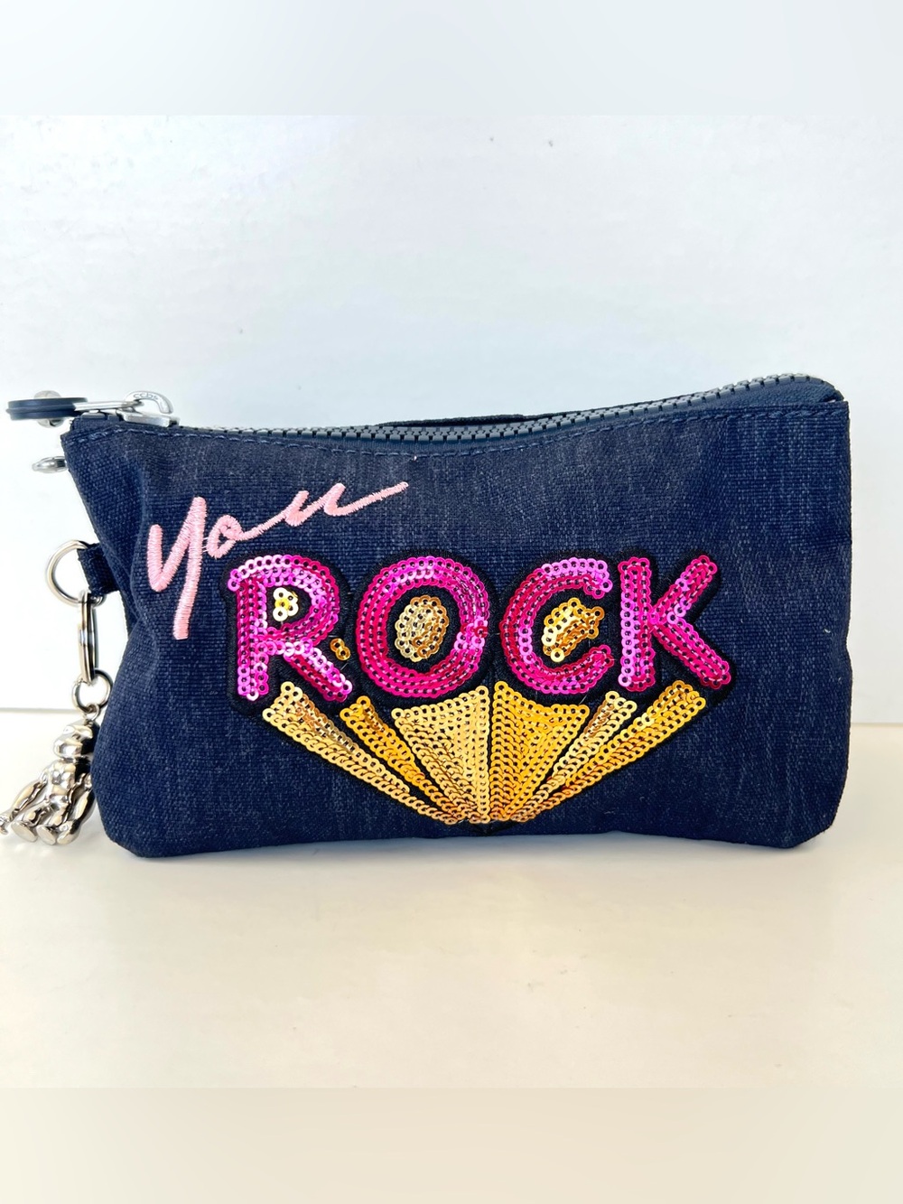 KIPLING You Rock Creativity Multicolored Sequenced Blue Canvas Cosmetic Pouch